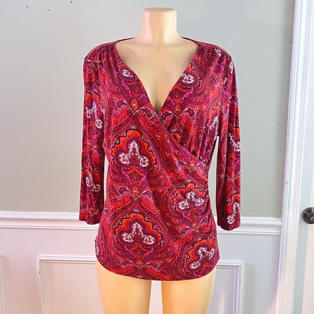 Talbots Faux Wrap Top Womens Large Paisley 3/4 Sleeve Red Boho Surplice Shirt